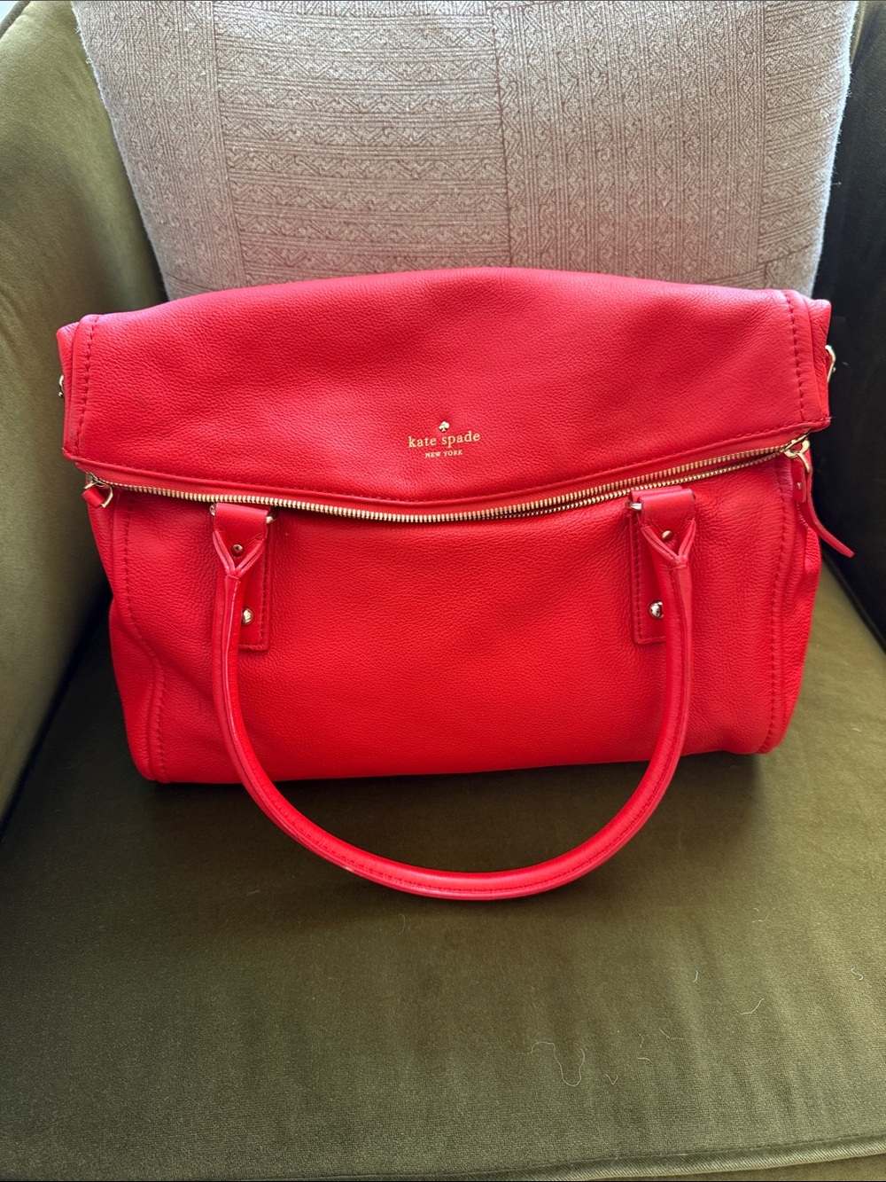 kate spade Red Pebbled Leather Fold-Over Shoulder Bag with Gold/Silver Hardware